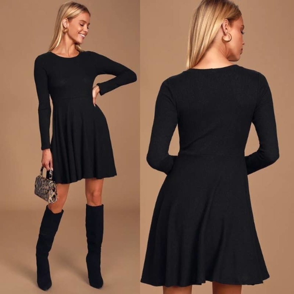 Lulus NWT Fit & Fair Ribbed Knit Long Sleeve Skater Mini Dress Black Size Small